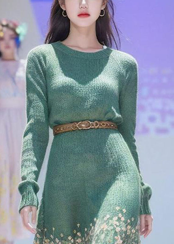 Green Print High Waist Cotton Knit Sweater Dress Winter