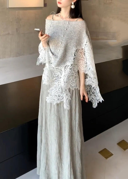 Grey Lace Patchwork Cotton Knit Cape and Long Dresses Two Piece Set Batwing Sleeve