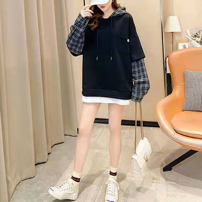 Navy Cotton Tunic Pattern False Two Pieces Daily Spring Shirts