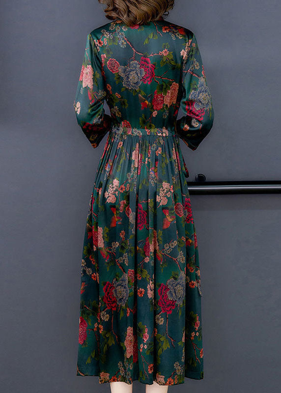 Green Cinched Print Silk Dresses Bracelet Sleeve