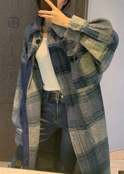 Blue Peter Pan Collar Pockets Plaid Woolen Long Coats Fall