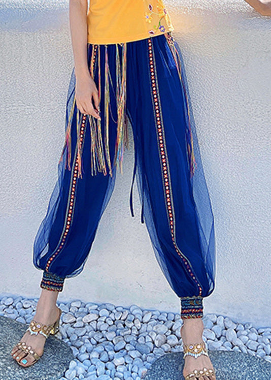 Navy Print Embroideried Elastic Tulle Beam Pants Summer
