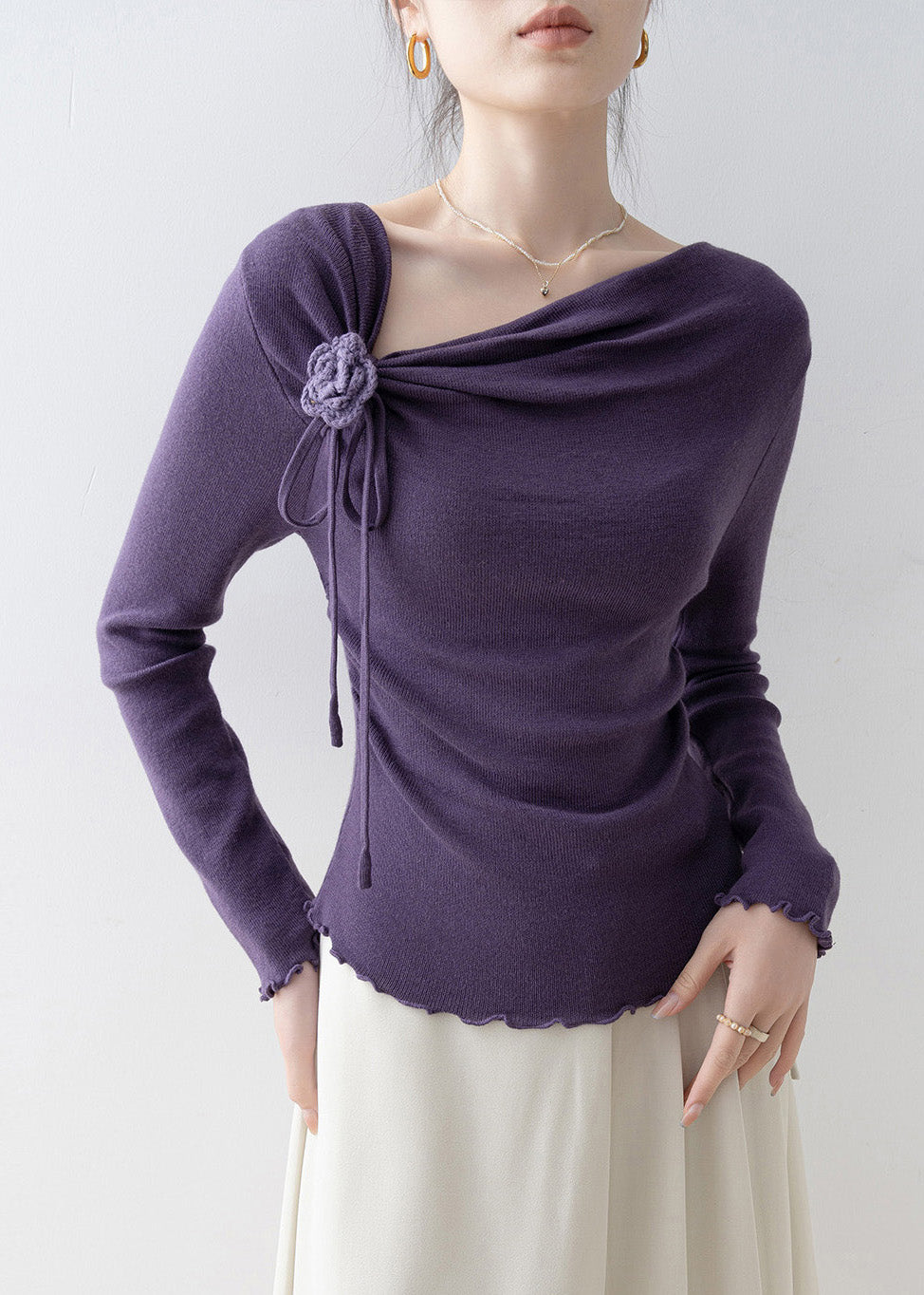 French Purple Slash Neck Ruffled Knit Top Spring
