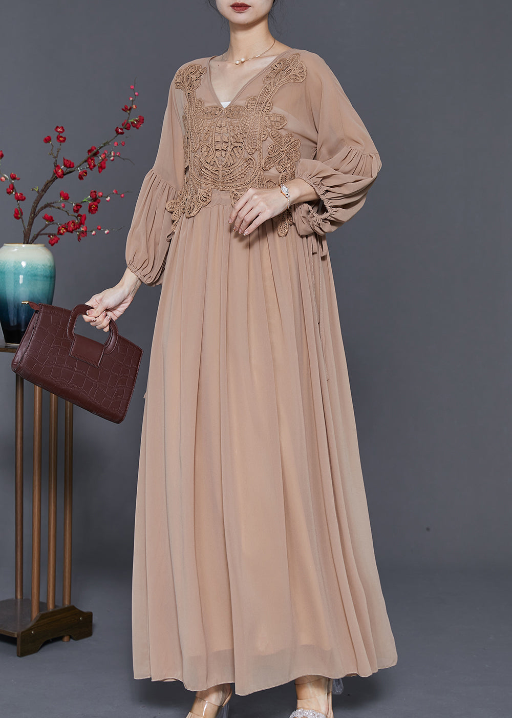 Coffee Lace Patchwork Tie Waist Chiffon Dresses Spring