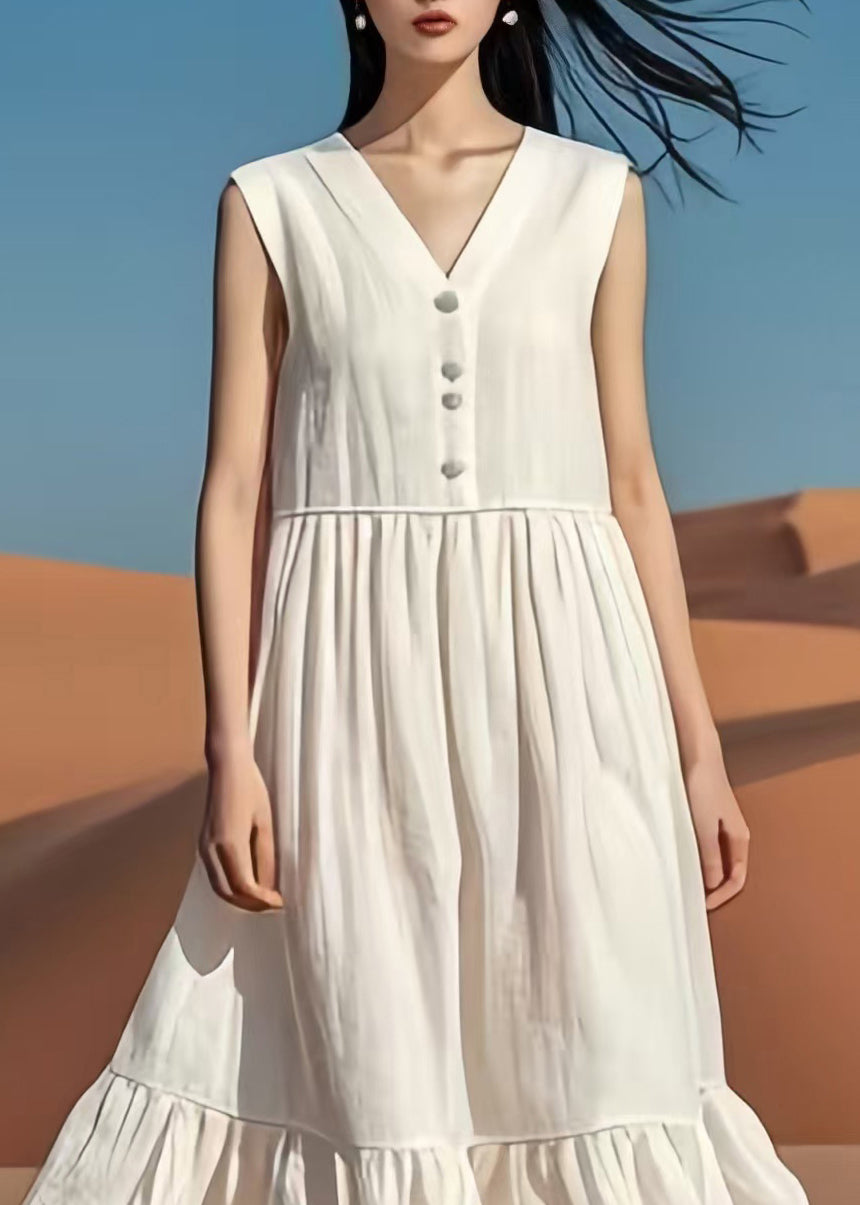 White V Neck Patchwork Cotton Long Dresses Summer