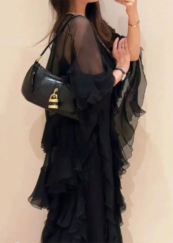 Italian Black V Neck Ruffled Two Piece Set Summer