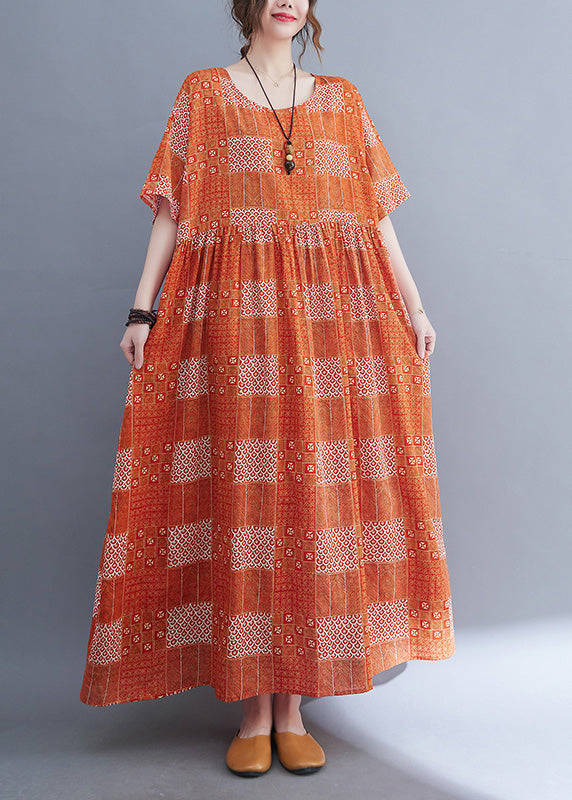 Orange O-neck Patchwork Wrinkled Party Maxi Dress Summer