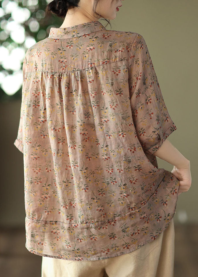 Yellow Peter Pan Collar Print Linen Shirt Tops Summer