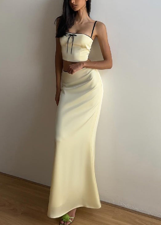 Yellow Bow Spaghetti Strap Tank and Skirts Silk Two Pieces Set Sleeveless