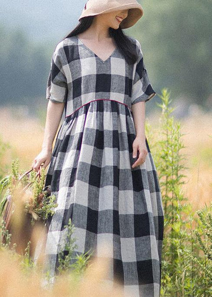 V-neck Patchwork Summer Black White Plaid Dresses