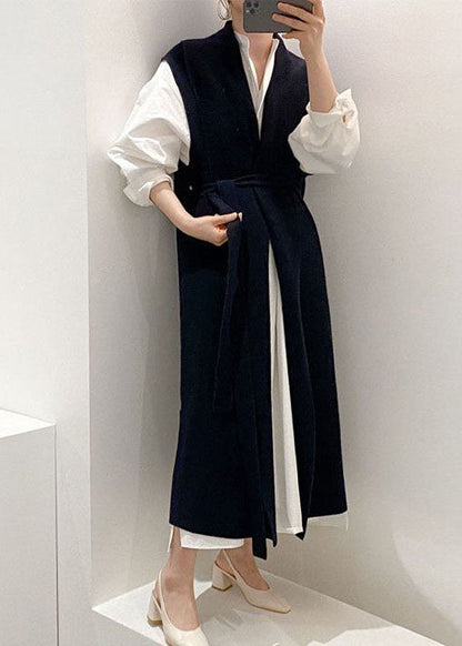 Navy Cinched Two Pieces Set Knit Vest Shirts Dress Spring