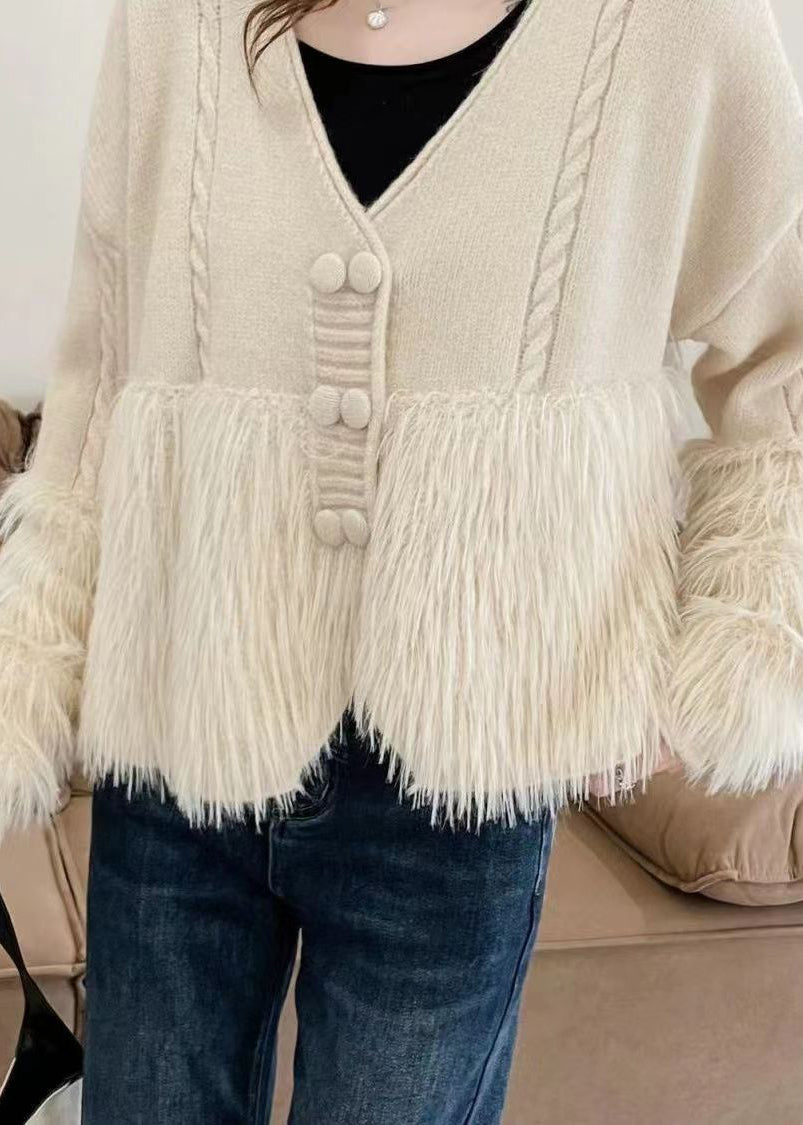 Apricot V Neck Patchwork Mink Hair Knitted Cardigan Fall