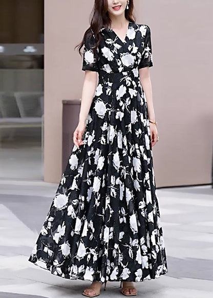 Black V Neck Print Chiffon Long Dress Summer
