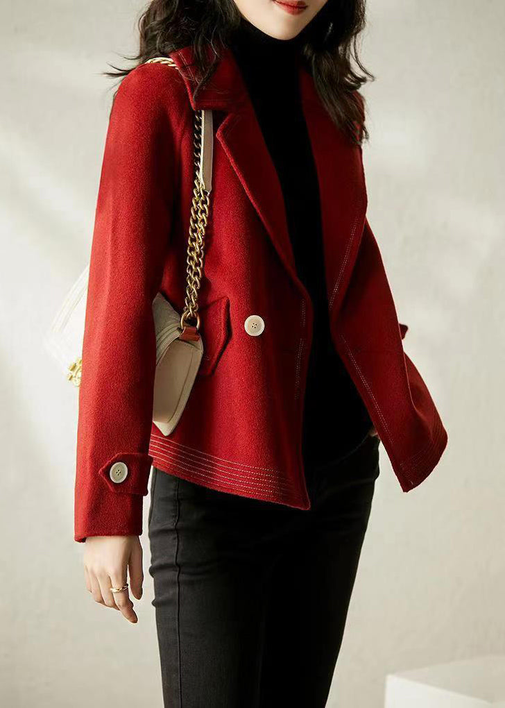 Wine Red Peter Pan Collar Button Patchwork Woolen Coats Fall