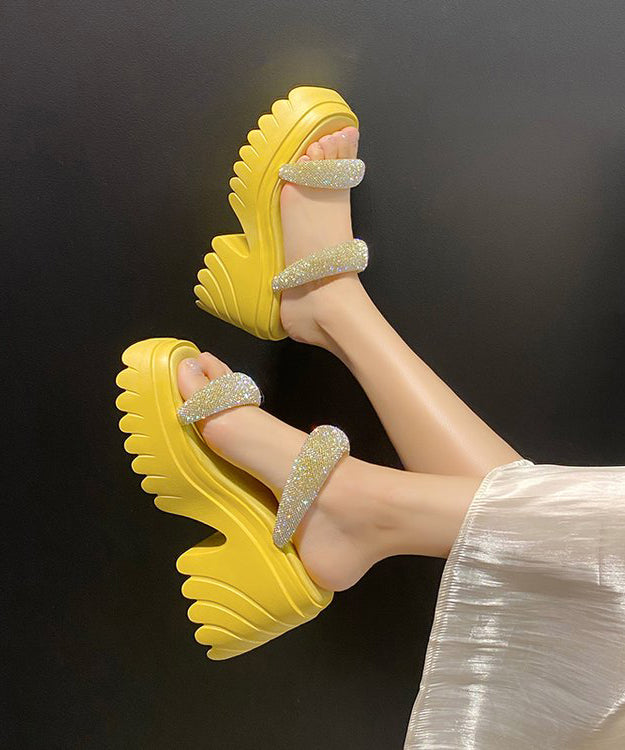 Soft Chunky Heel Pink Zircon Faux Leather Slide Sandals