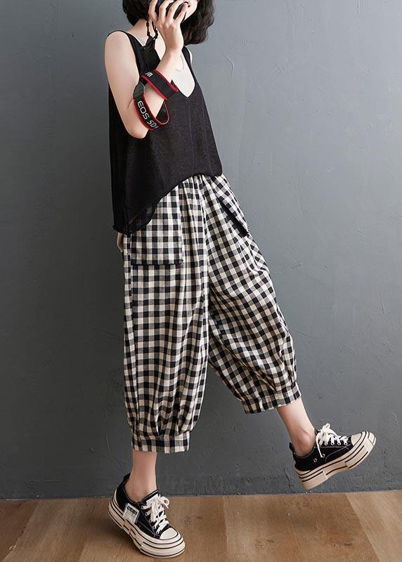 Plaid Elastic Waist Harem Pants Summer Cotton Linen