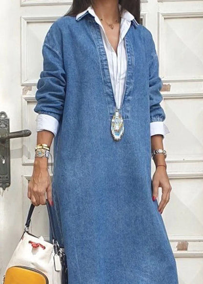 Blue Peter Pan Collar False Two Pieces Patchwork Denim Dresses Long Sleeve Fall