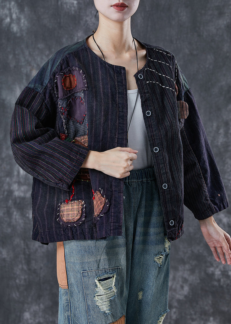 Black Oversized Patchwork Applique Cotton Coat Outwear Spring