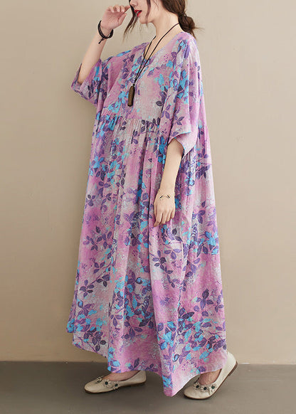 O-neck Print Patchwork Wrinkled Cotton Maxi Dresses Summer
