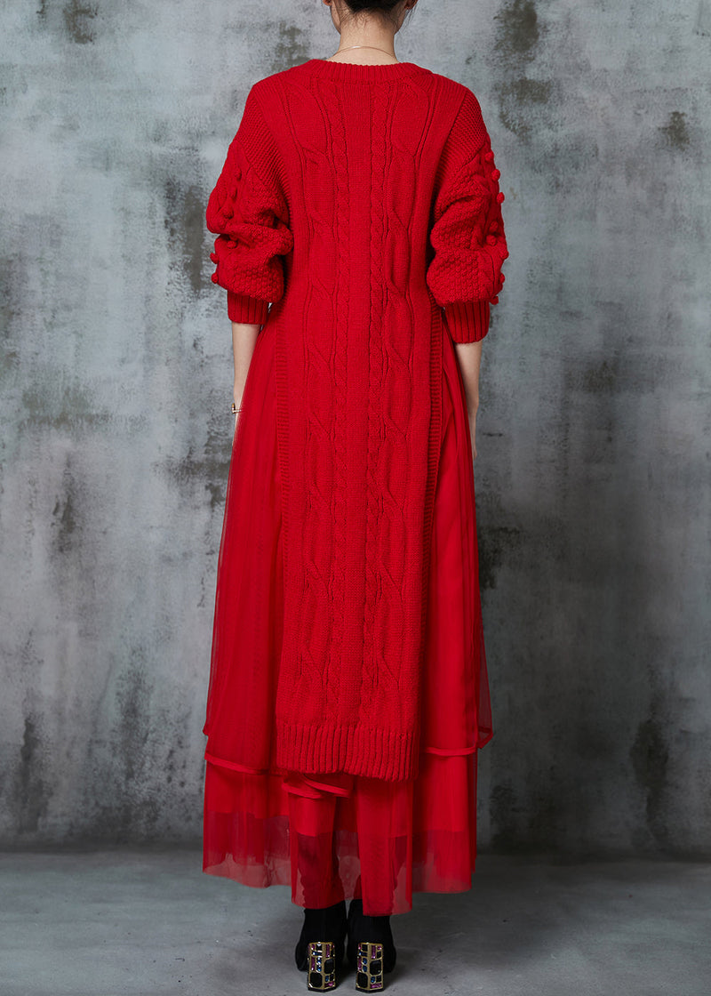 Red Fuzzy Ball Decorated Knit Dress Two Piece Suit Set Spring