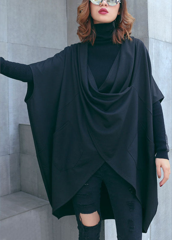 Loose Black Bat Wing Sleeve Pockets Asymmetrical Design Fall Tops