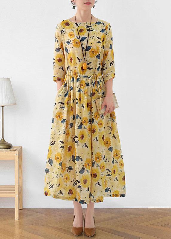 Italian Yellow Print Ramie Tie Waist Ankle Dress Fall