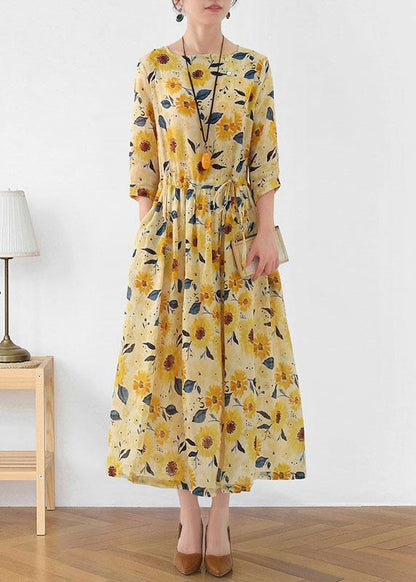 Italian Yellow Print Ramie Tie Waist Ankle Dress Fall