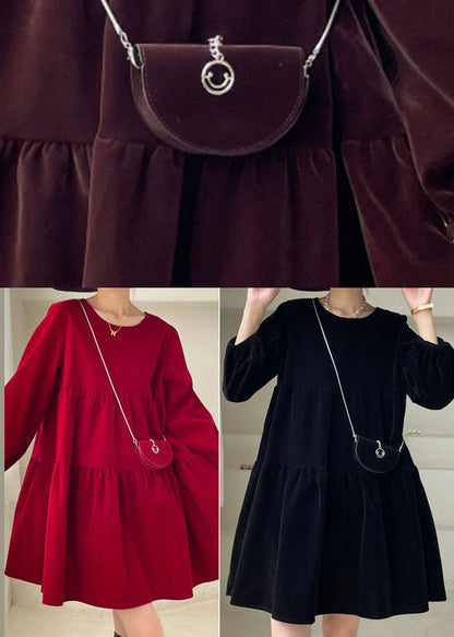 Chocolate O-neck Velour Vacation Dress Spring