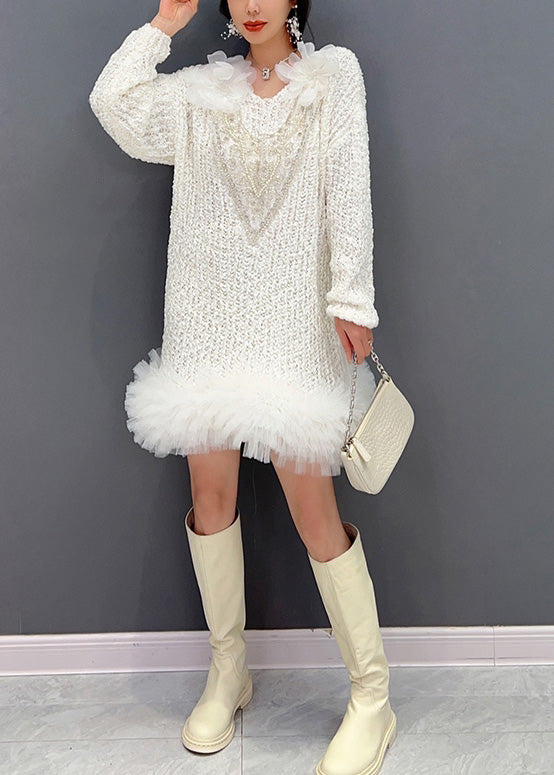 White O-neck Tulle Patchwork Knit Dress Long Sleeve