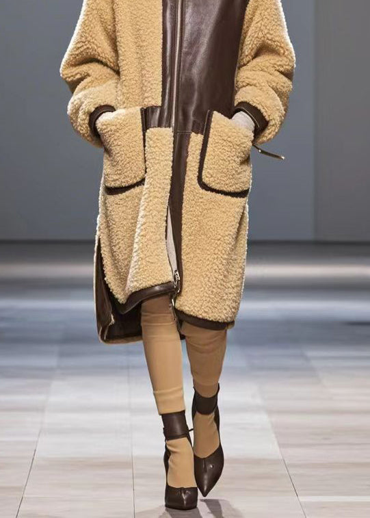 Khaki Oversized Patchwork Warm Wool Coats Winter