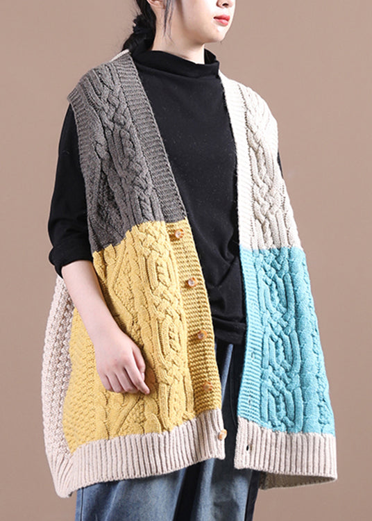Diy Apricot V Neck Patchwork Knit Waistcoat Sleeveless