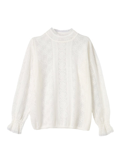 White Hollow Out Silm Fit Lace Shirts Spring