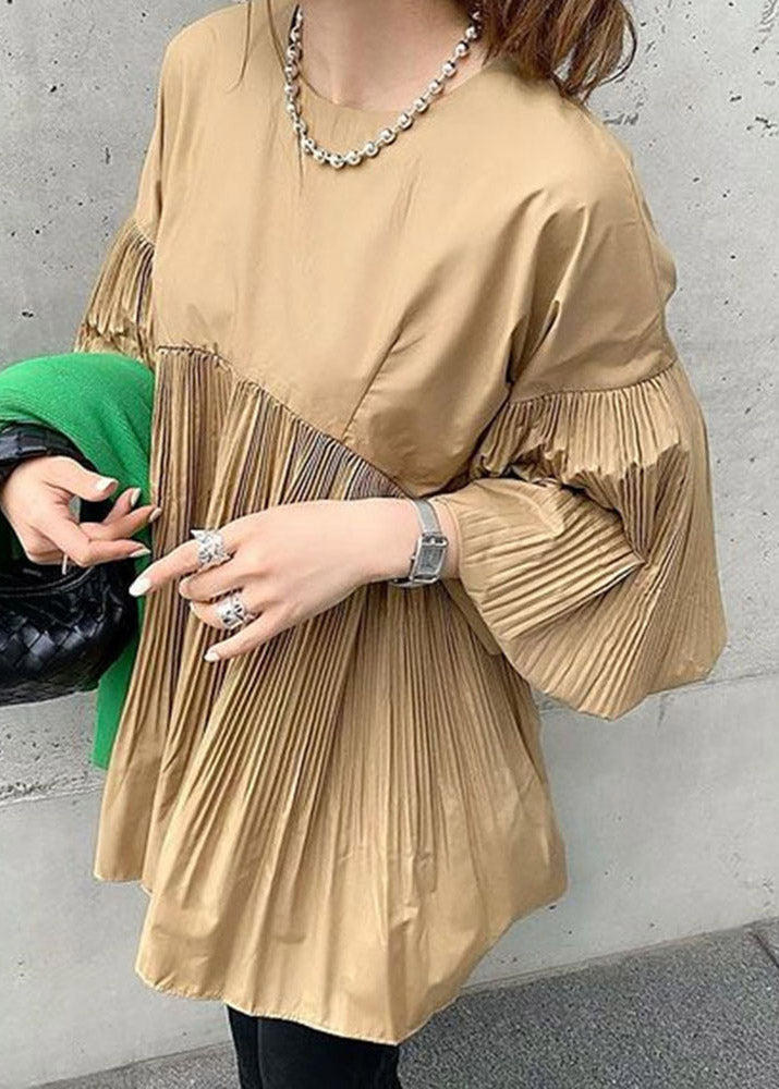 French Khaki O-neck Wrinkled Shirts Flare Sleeve