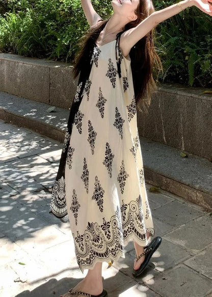 French Apricot Print Holiday Long Spaghetti Strap Dress Summer