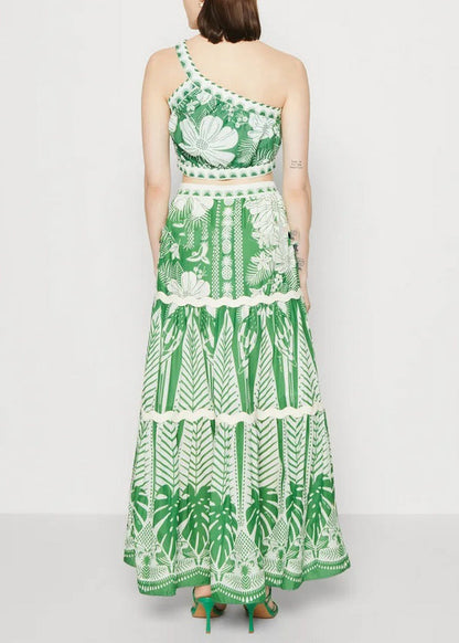 Italian Green One Shoulder Print Top and Maxi Skirts Two Pieces Set Sleeveless