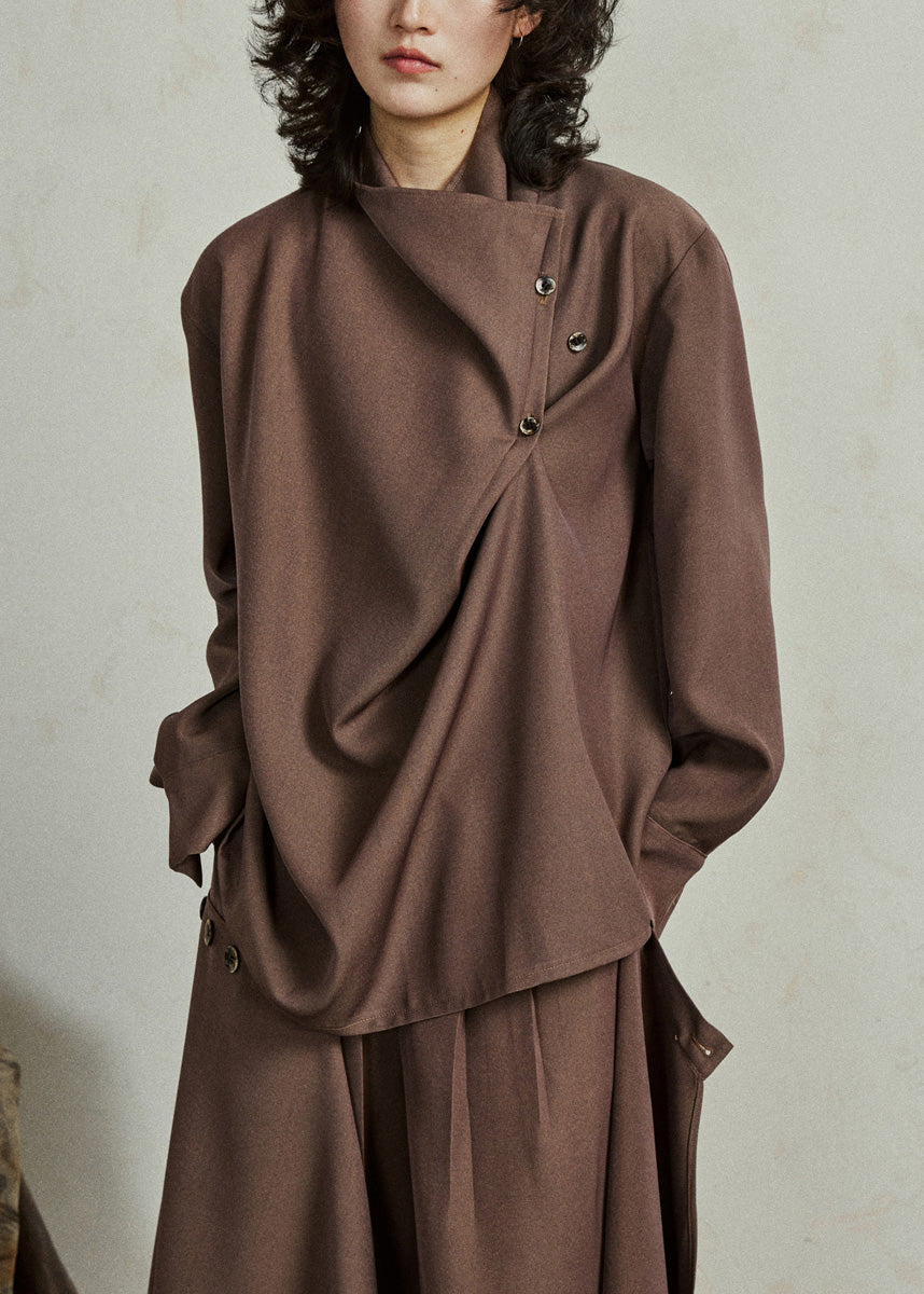 Fine Coffee Asymmetrical Button Shirt Lantern Sleeve Spring