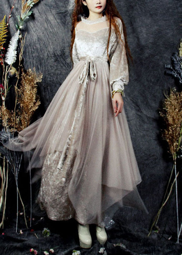 Beige Hollow Out Tulle Patchwork Silk Velour Long Dresses Spring