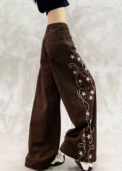 Brown Oversized Print Denim Wide Leg Pants Spring
