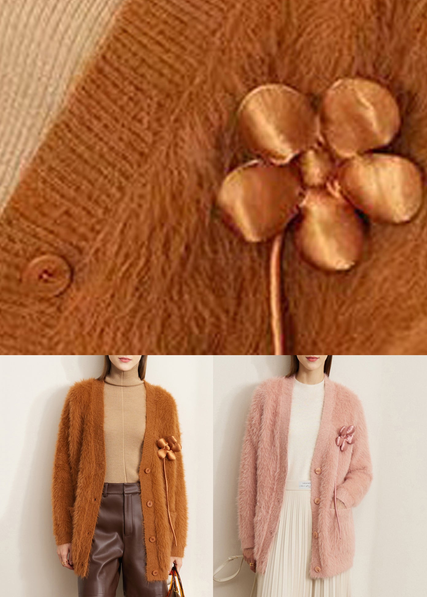 Pink Pockets Mink Velvet Cardigan V Neck Winter