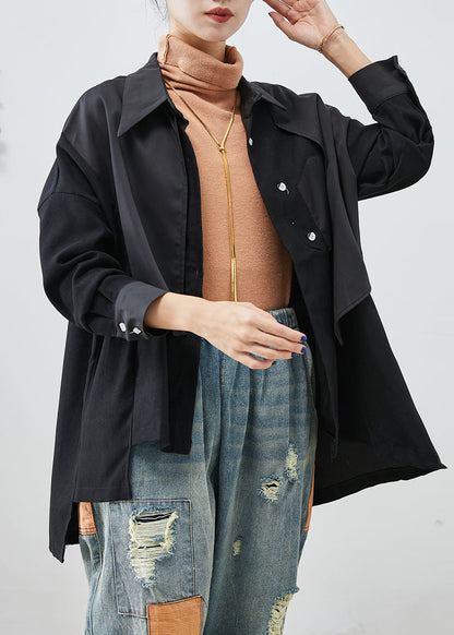 Black Asymmetrical Patchwork Back Open Cotton Jackets Fall