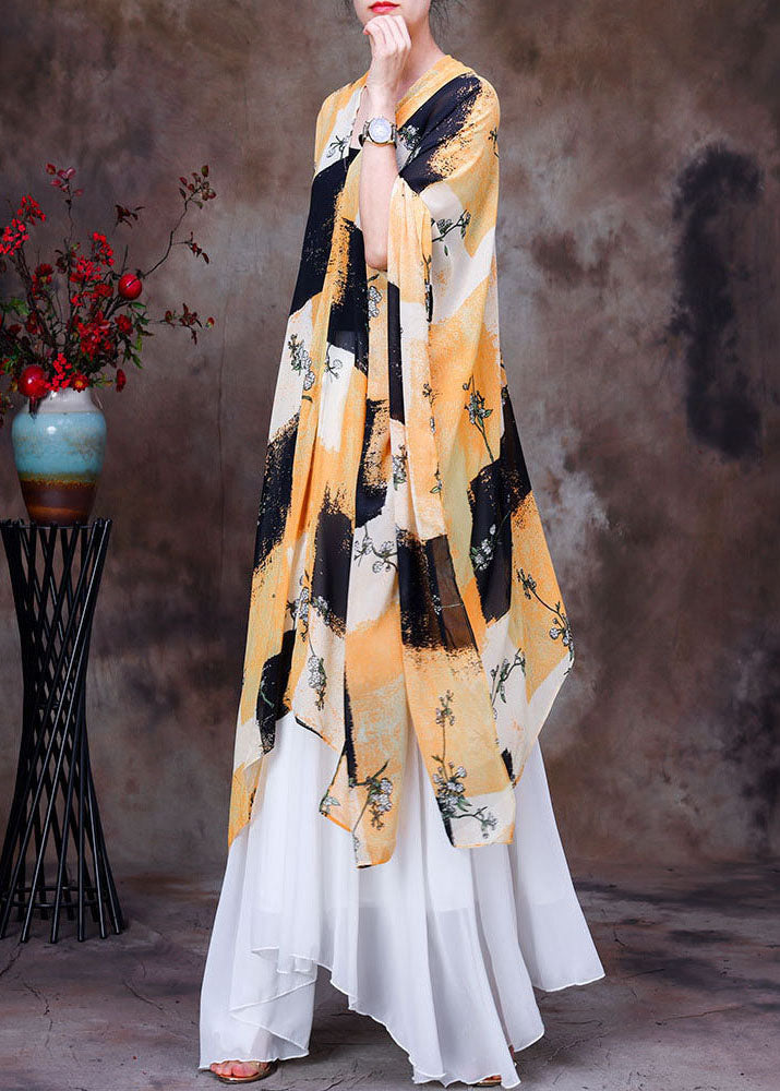 Yellow Black Print Chiffon Upf 50+ Top Asymmetrical Design Batwing Sleeve