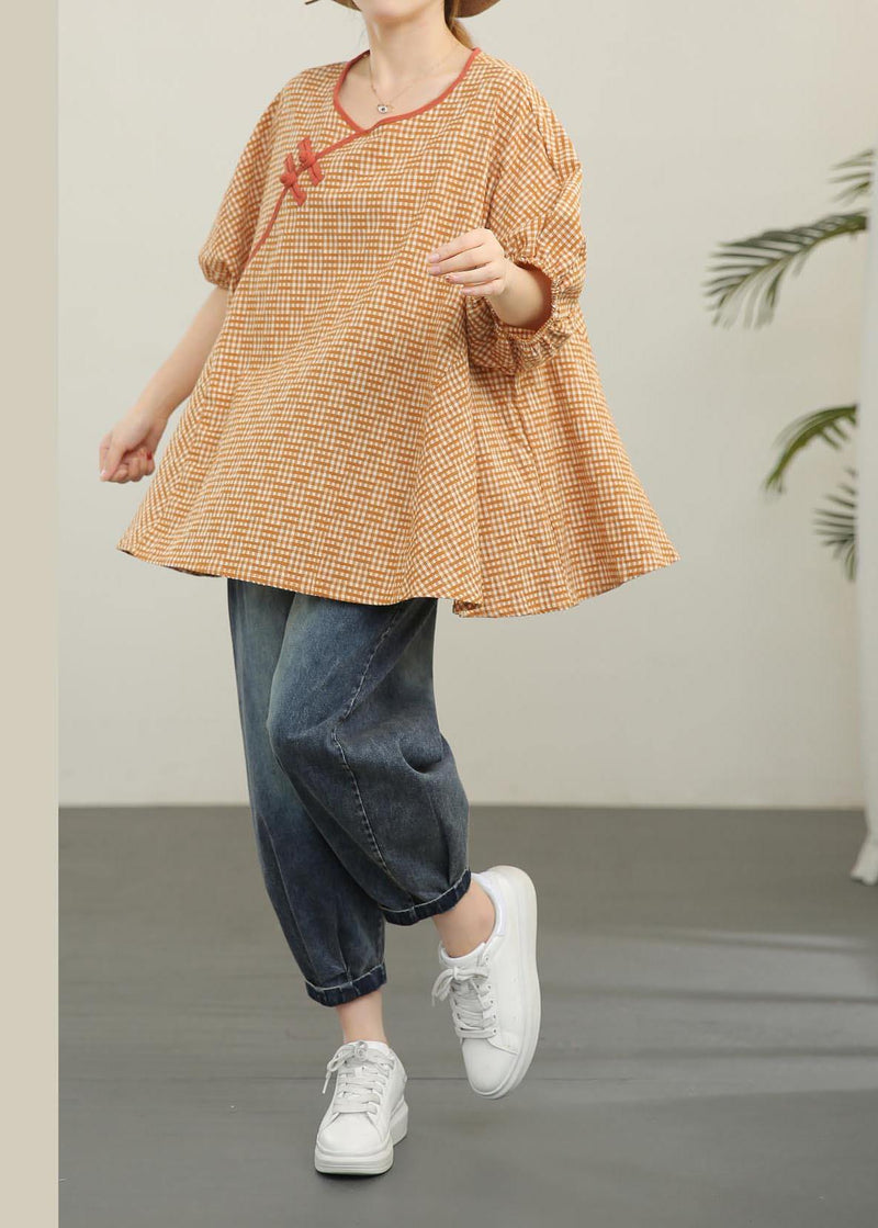 Loose Yellow Plaid Oriental Cotton Summer Tops