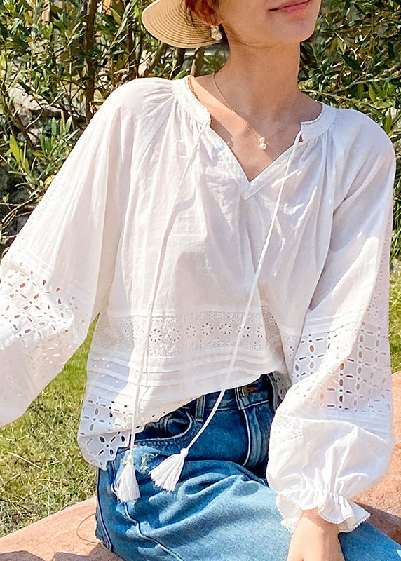 White Hollow Out Lace Up Cotton Shirt Butterfly Sleeve