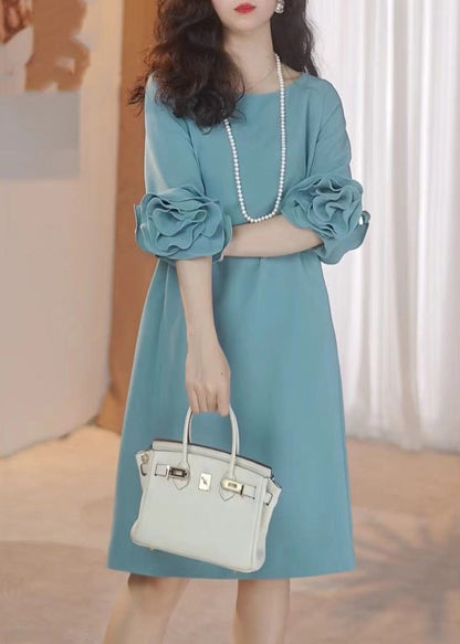 Stylish Blue O-neck Ruffled Patchwork Mid Dress Summer