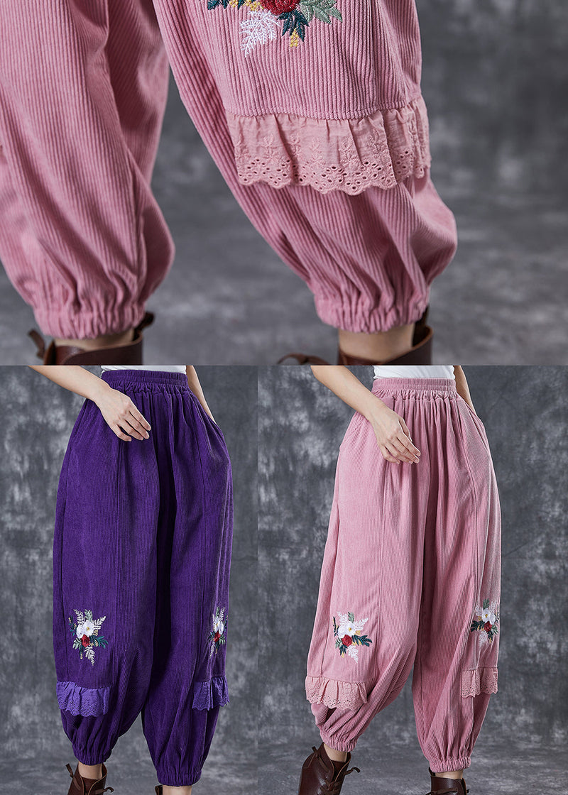 Pink Patchwork Corduroy Harem Pants Embroideried Fall