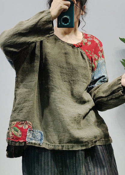 Green Print Linen Shirt Tops O-neck Button Long Sleeve