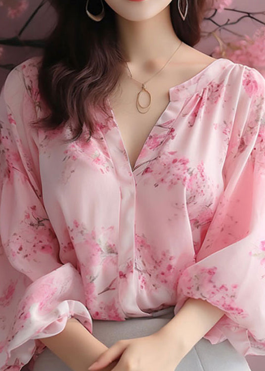 Pink V Neck Print Chiffon Blouses Bracelet Sleeve