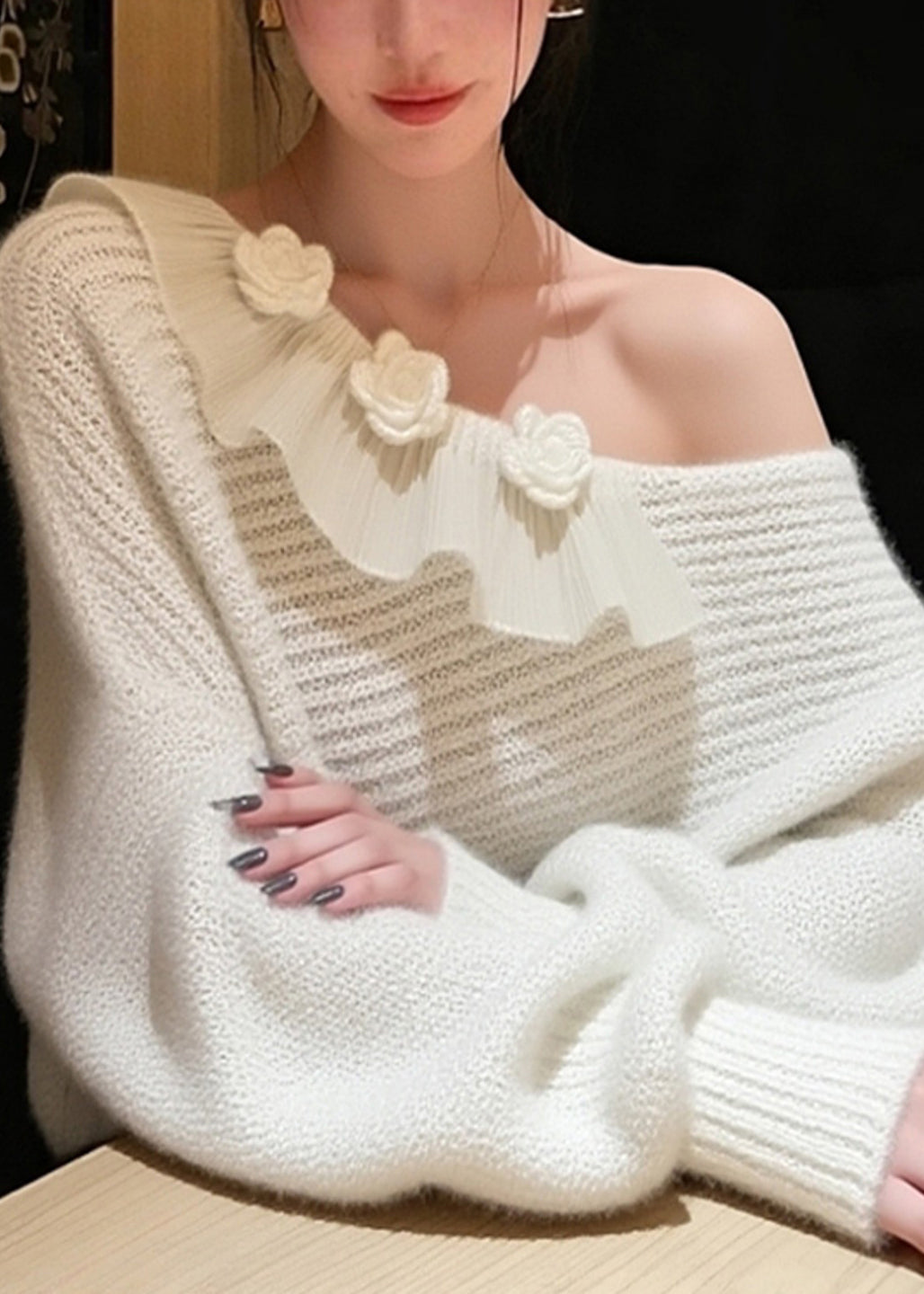 French White One Shoulder Decorated Knit Sweater Spring