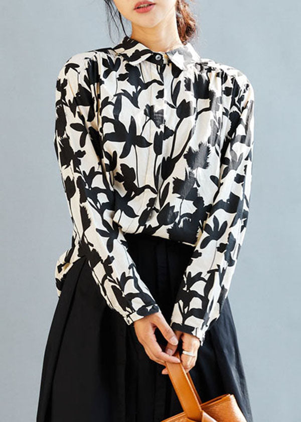 Boutique Black White Print Cotton Blouse Top Fall