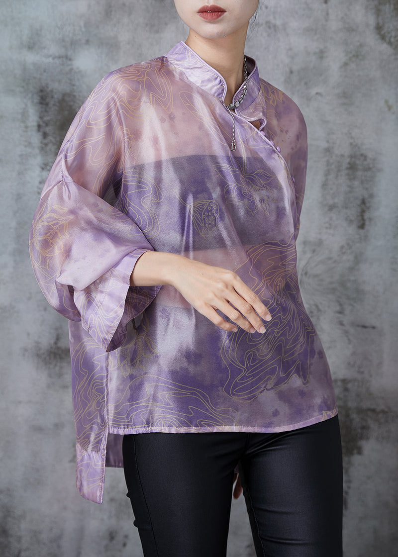 Purple Print Low High Design Silk Blouses Summer